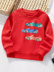 Kids' red crew neck sweatshirt with car print, cotton fabric, long sleeves.