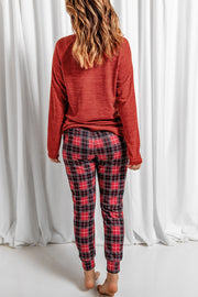 Cozy Plaid Jogger Lounge Set in Deep Red with red and black plaid pattern joggers and a long-sleeve top.