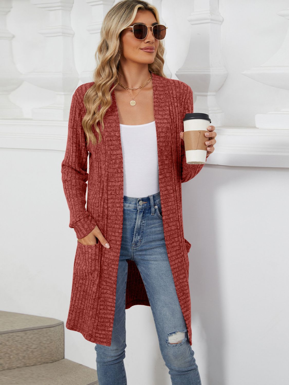 Textured ribbed knit duster cardigan in burgundy with long sleeves and pockets