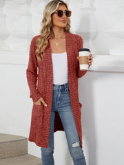 Textured ribbed knit duster cardigan in burgundy with long sleeves and pockets