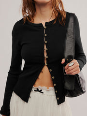Black ribbed button-up second-skin top with a round neckline and button details.