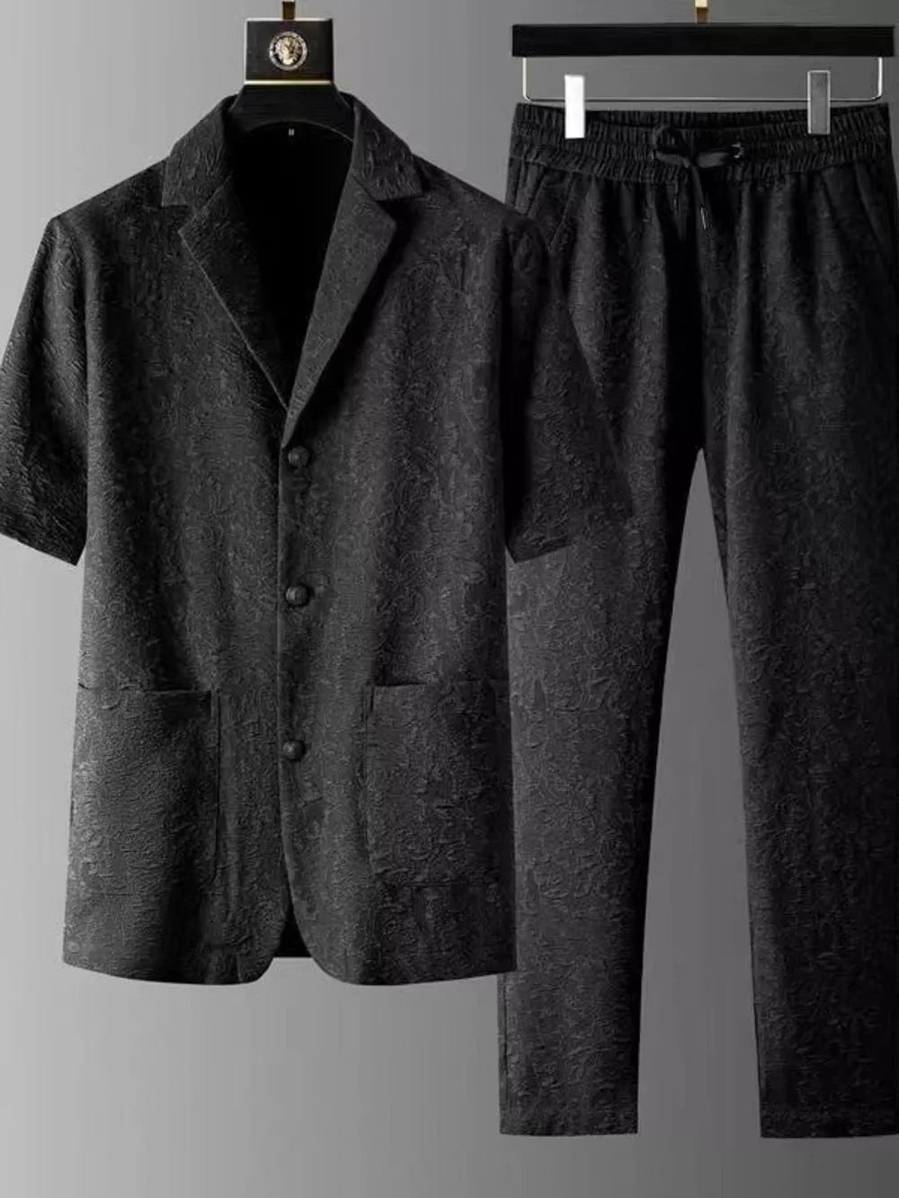 Men's Plus Size Button Up Shirt And Pants Set in Black, side view