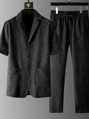 Men's Plus Size Button Up Shirt And Pants Set in Black, side view