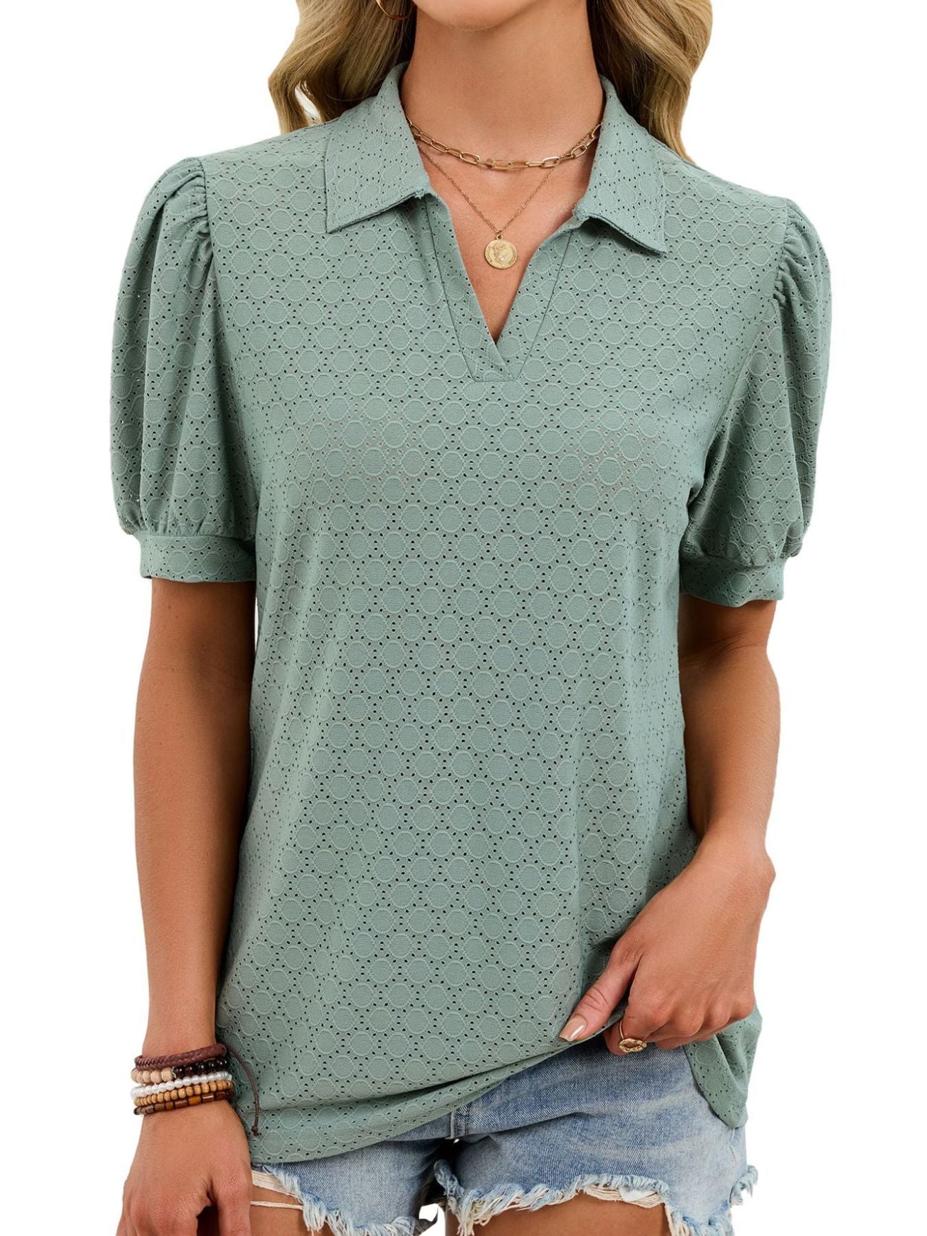 Green eyelet collar top with puff sleeves and v-neck