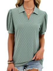 Green eyelet collar top with puff sleeves and v-neck