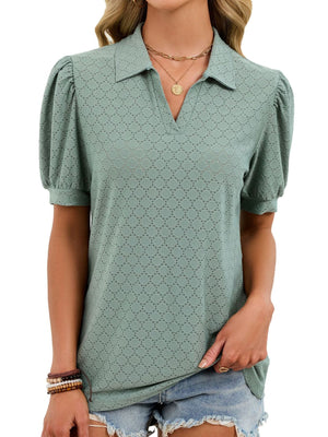 Green eyelet collar top with puff sleeves and v-neck