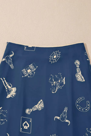 Blue satin maxi skirt with western print and draping.