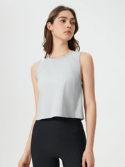 Light Gray mesh-inset back cropped active tank top with crewneck and raglan sleeves.