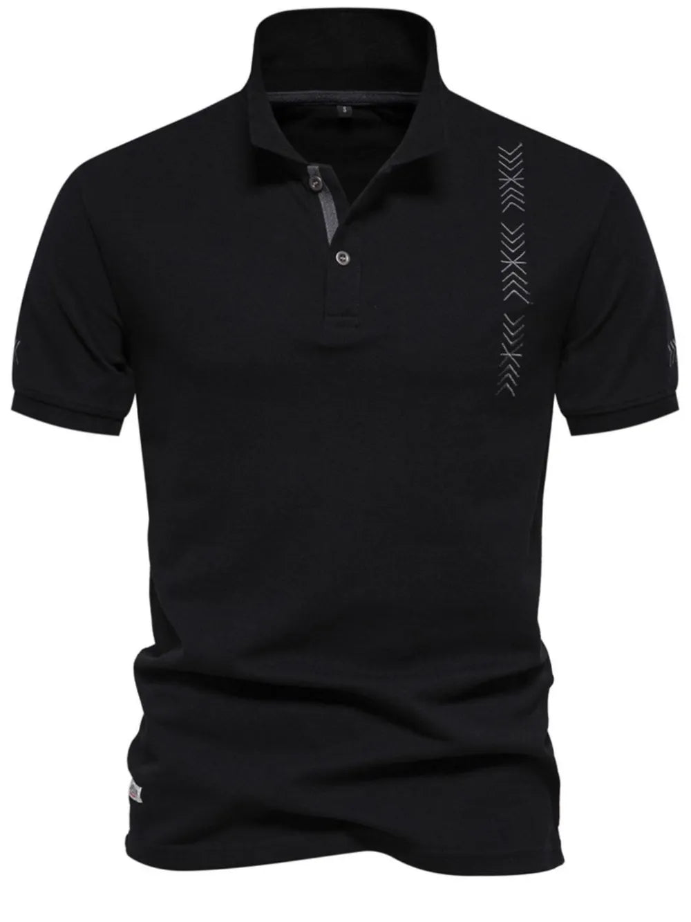 Black piqué polo shirt with chevron embroidery detail on the chest.