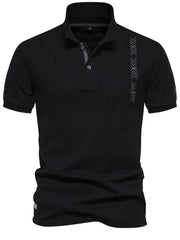 Black piqué polo shirt with chevron embroidery detail on the chest.