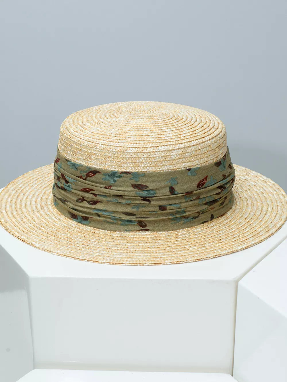 Wheat straw boater hat with ruched ribbon band in Matcha Green with floral print