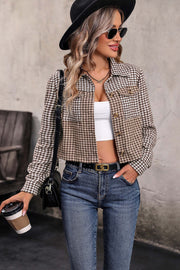 Houndstooth patchwork cropped jacket in camel with collared neckline and button front.