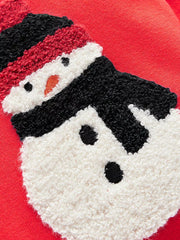 Red sweatshirt with a textured snowman applique featuring a black hat and scarf.