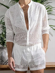 White open-weave crochet resort set with geometric patterns, band collar shirt and shorts.