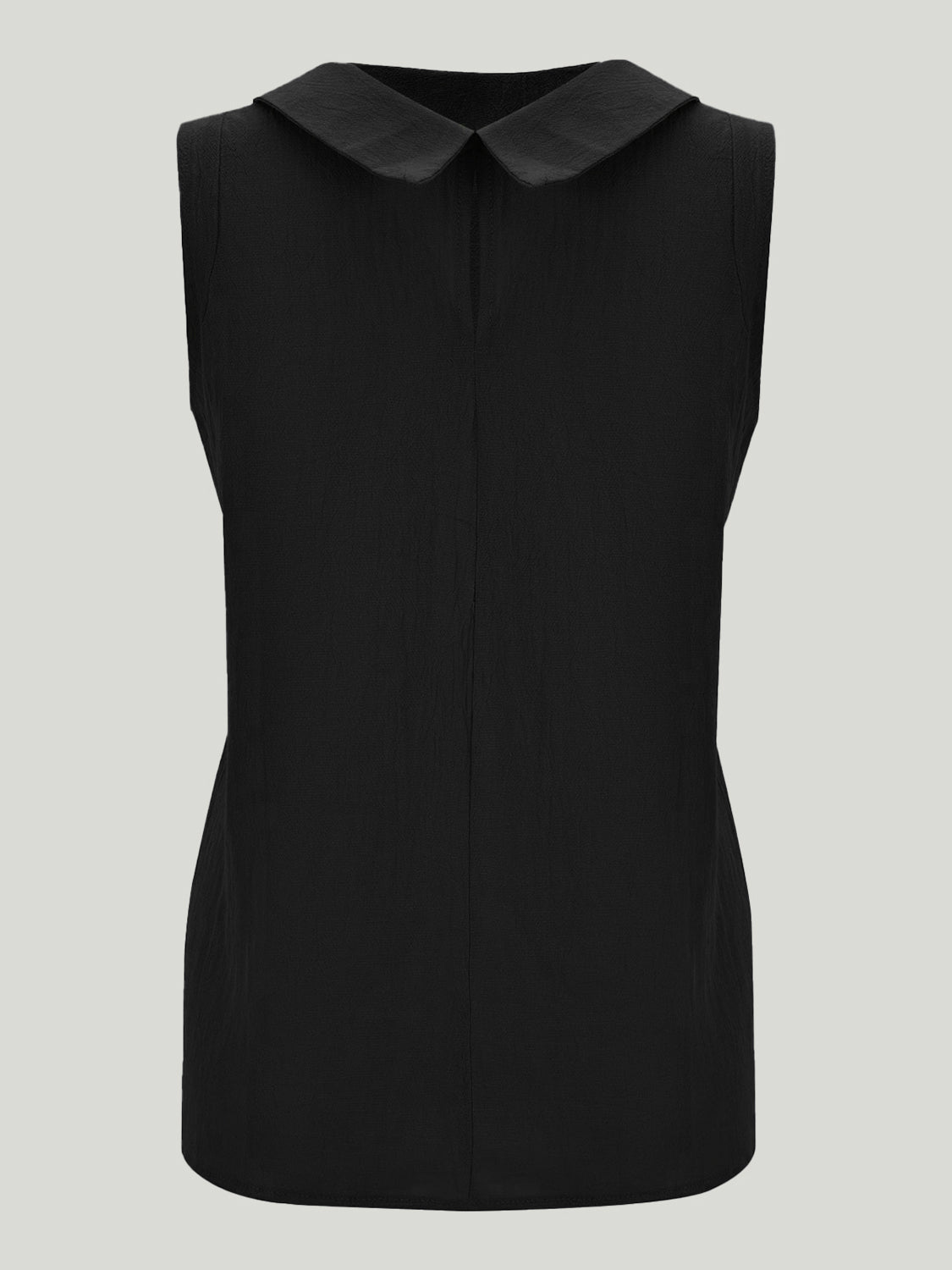 Black sleeveless Peter Pan collar blouse with textured fabric.