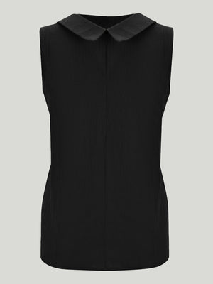 Black sleeveless Peter Pan collar blouse with textured fabric.
