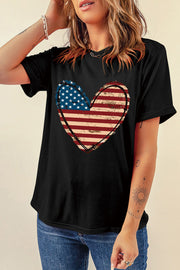Black t-shirt with distressed Americana heart graphic and short sleeves.