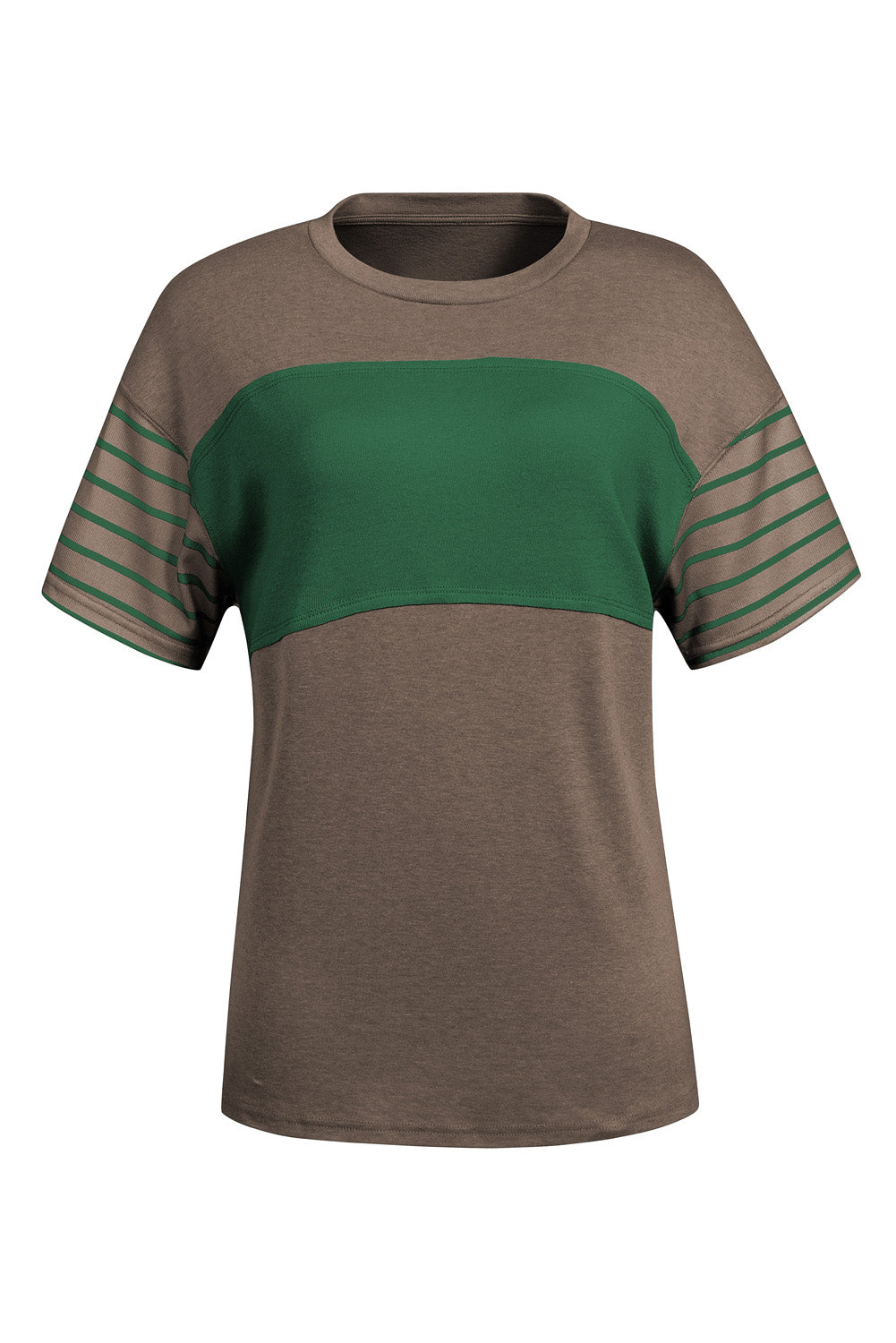 Colorblock raglan tee in brown with green chest stripe and striped sleeves.