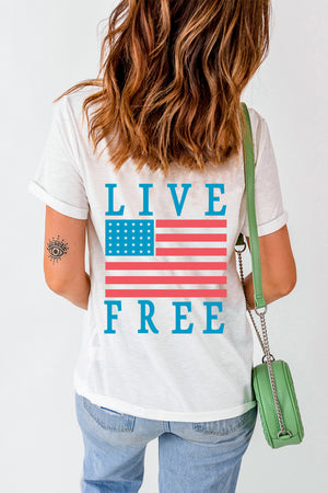 White cotton t-shirt with American flag graphic and Live Free text