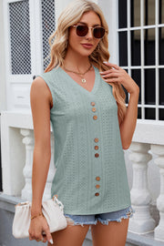 Sage perforated button-down sleeveless blouse with V-neck and wooden buttons.