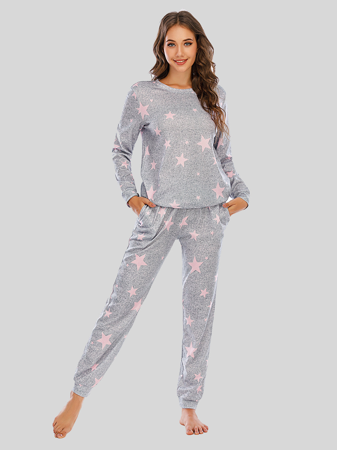 Heather Gray Starry Night Knit Loungewear Set with crewneck sweatshirt and jogger pants.
