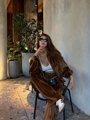 Plush velour lounge set in Chestnut, featuring wide leg pants and a relaxed fit jacket.