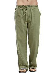 Relaxed fit linen drawstring trousers in Matcha Green with side pockets.
