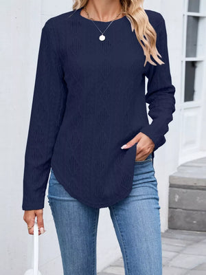 Textured Diamond Knit Long Sleeve T-shirt in Pink, fit detail