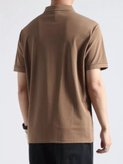 Textured casual polo shirt in coffee color with button accents and short sleeves.