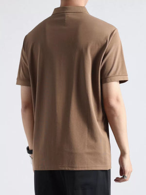 Textured casual polo shirt in coffee color with button accents and short sleeves.