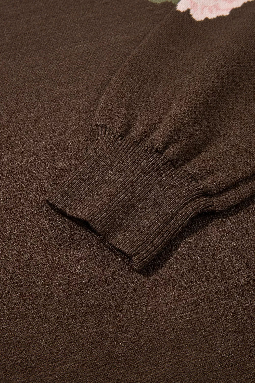 Floral Print Drop Shoulder Relaxed Sweater in Dark Brown, view 12