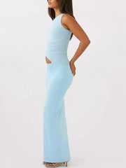 Blue one-shoulder maternity maxi dress with ruched sides and cutout detail.