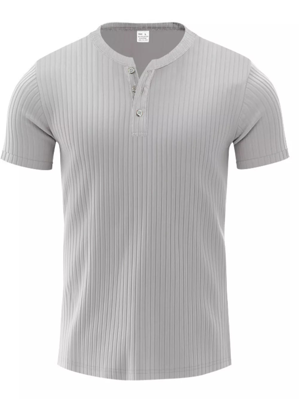 Men's gray ribbed short-sleeve henley t-shirt with button placket.