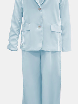 Mint blue pant suit with track stripe detail on blazer and pants.