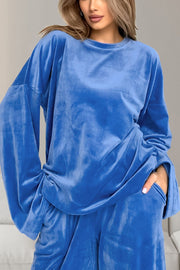 Blue velvet lounge set top with wide sleeves and pockets.