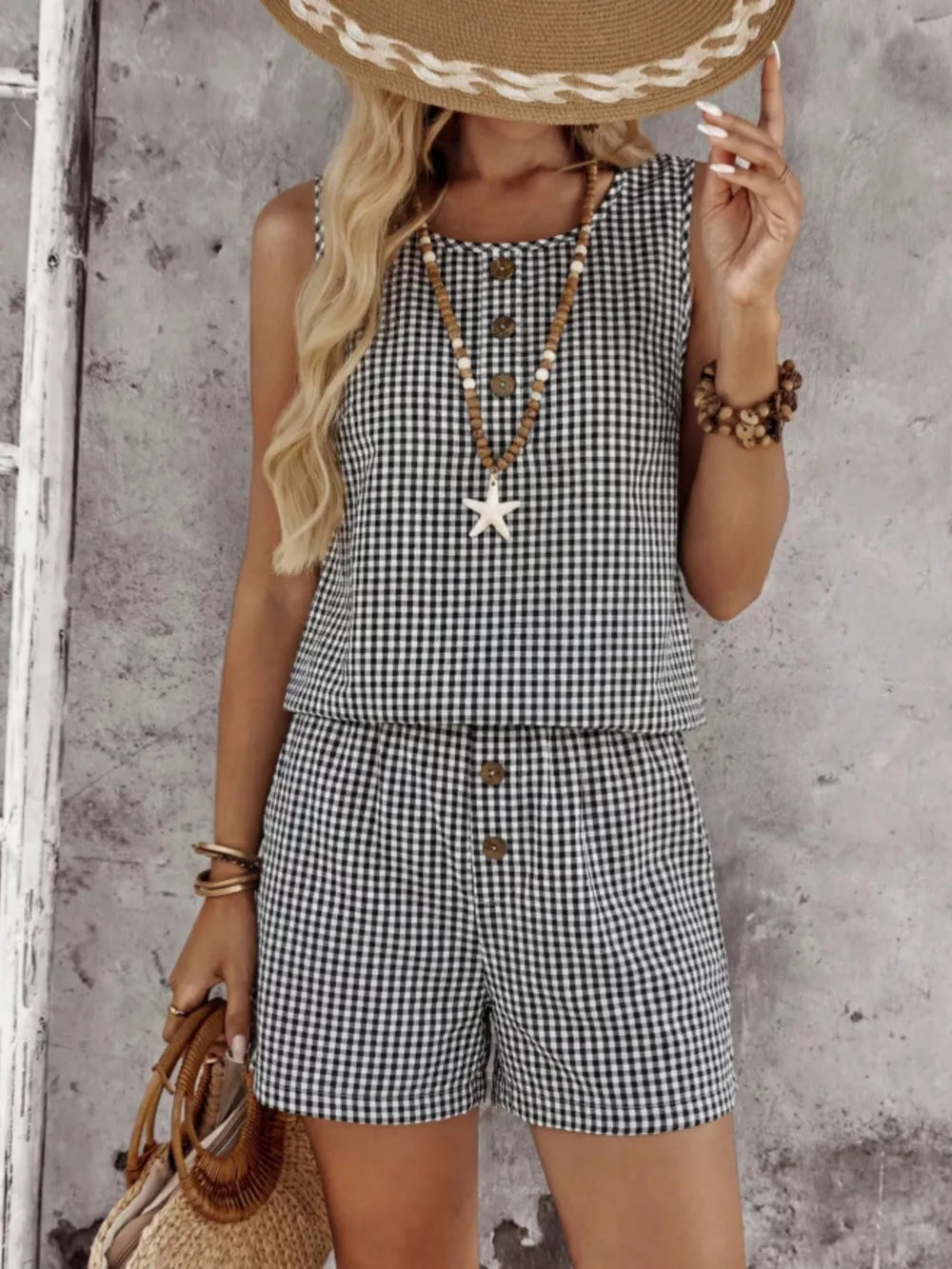 Black gingham two-piece set with button-down top and shorts.