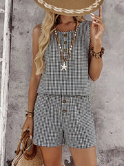 Black gingham two-piece set with button-down top and shorts.