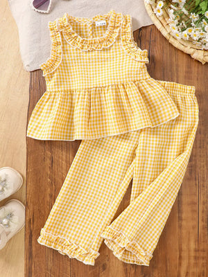 Yellow gingham baby set with ruffled neckline and hem pants