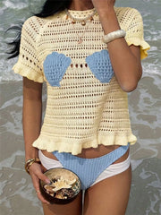 Seashell Crochet Knit Top in White, fabric detail