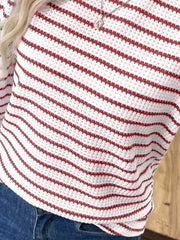 Textured knit long-sleeve t-shirt in scarlet and white stripes with a waffle knit pattern.