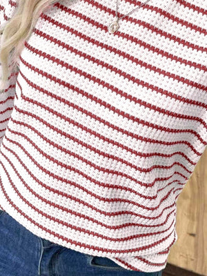 Textured knit long-sleeve t-shirt in scarlet and white stripes with a waffle knit pattern.
