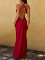 Elegant Halter Neck Satin Maxi Gown