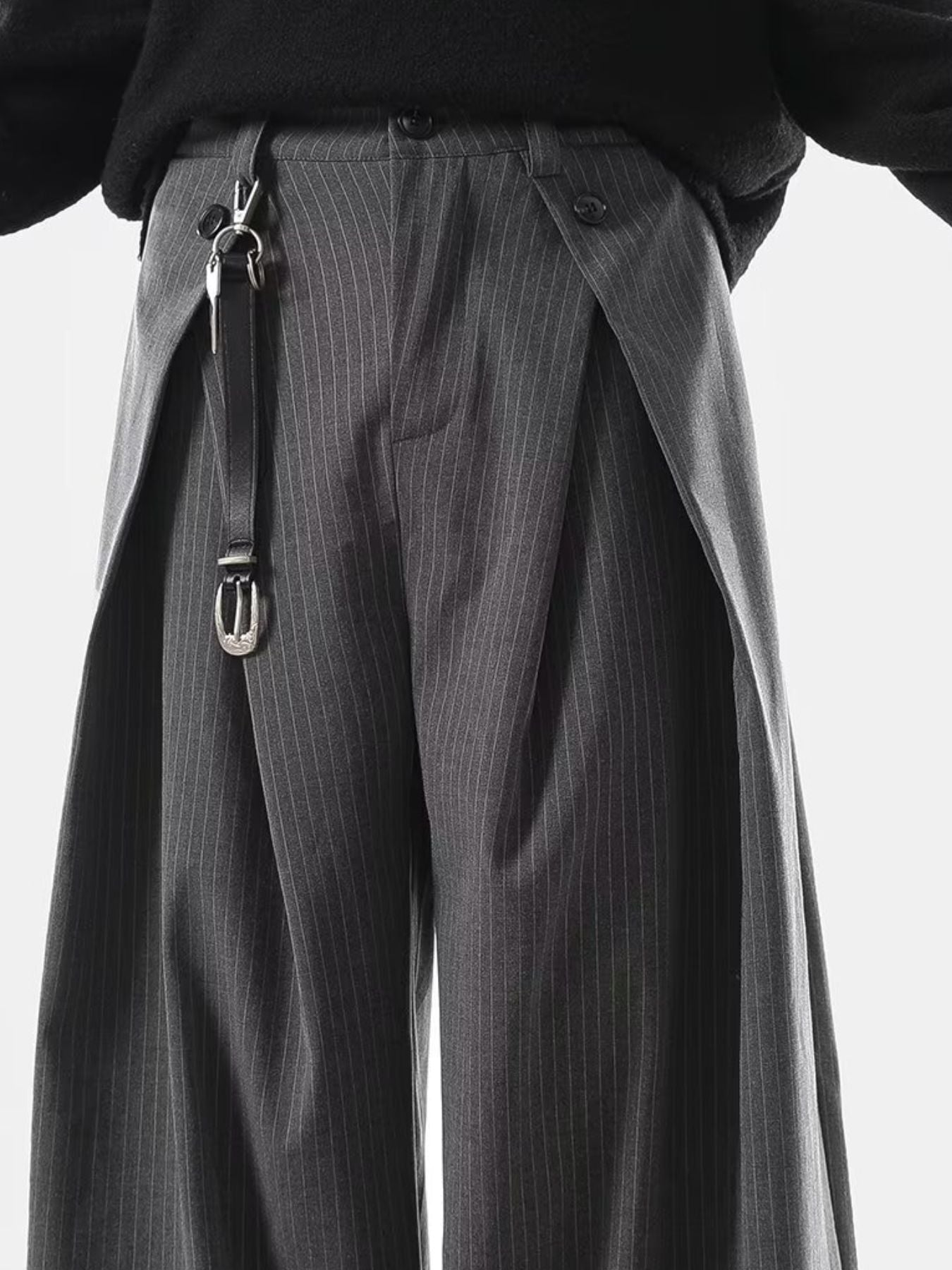 Men's grey pinstripe wide leg sweatpants with a unique wrap detail and belt loop accessory.