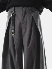 Men's grey pinstripe wide leg sweatpants with a unique wrap detail and belt loop accessory.