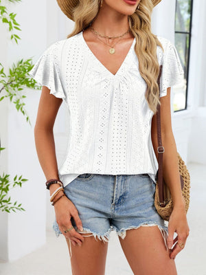 White eyelet flutter sleeve t-shirt with ruched V-neck detail.