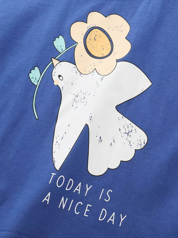 Blue cotton toddler set with bird and flower graphic and text.