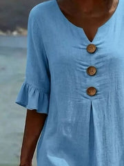 Full Size Casual Button Midi Dress With Ruffle Sleeves in Yellow, fabric detail