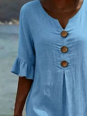 Full Size Casual Button Midi Dress With Ruffle Sleeves in Yellow, fabric detail