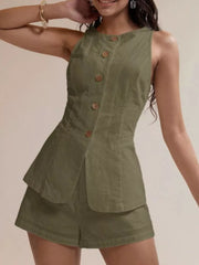 Army green cotton two-piece set with decorative buttons and shorts.