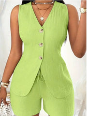 Button-down vest and shorts set in Sage green with drawstring detail.